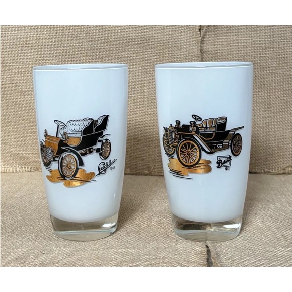 Vintage Other - Vintage Old Car Milk Glass Tumbler Set Buick Cadillac MCM Nostalgia Core Retro